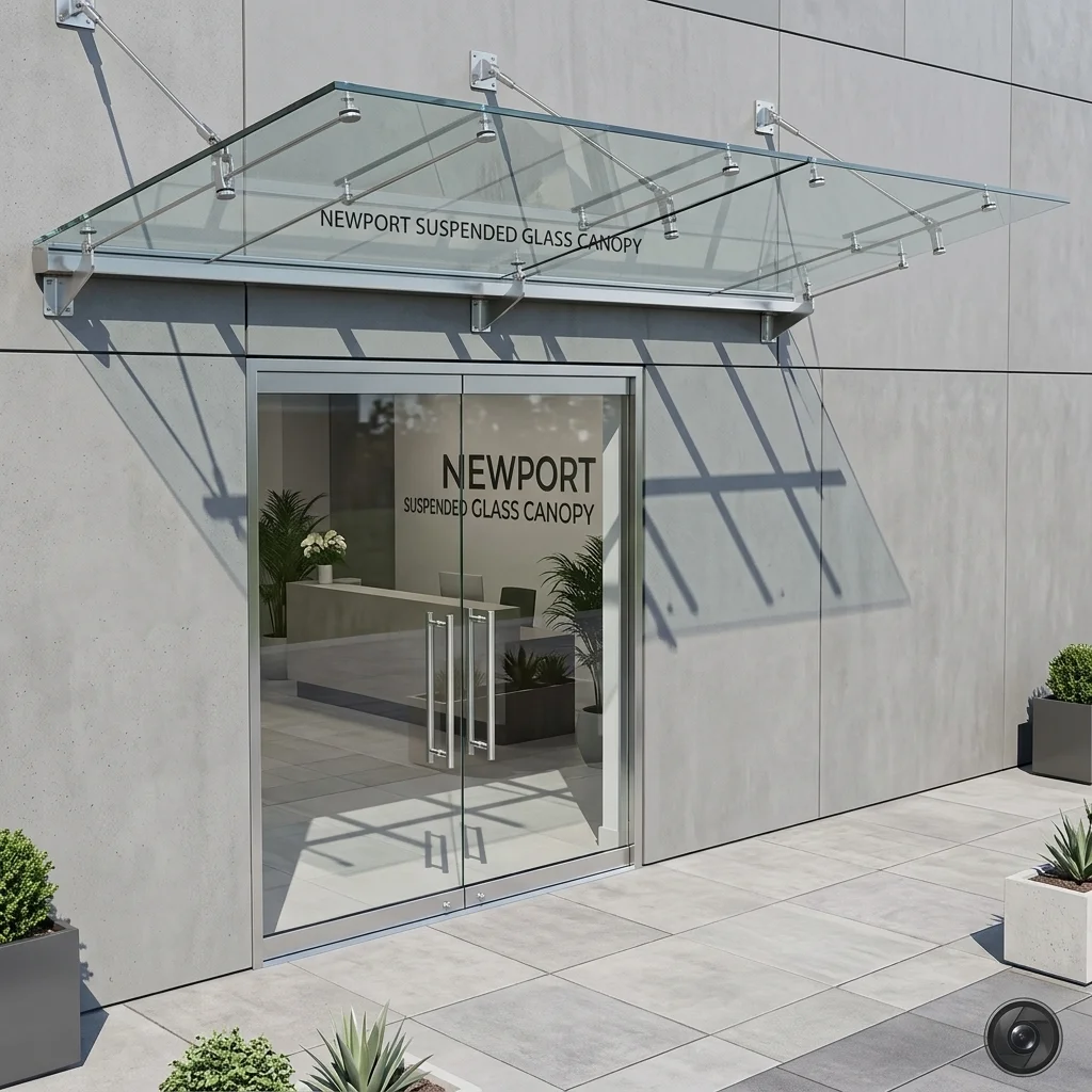 Newport entrance canopy in dark grey steel providing weather protection for school entrance doors